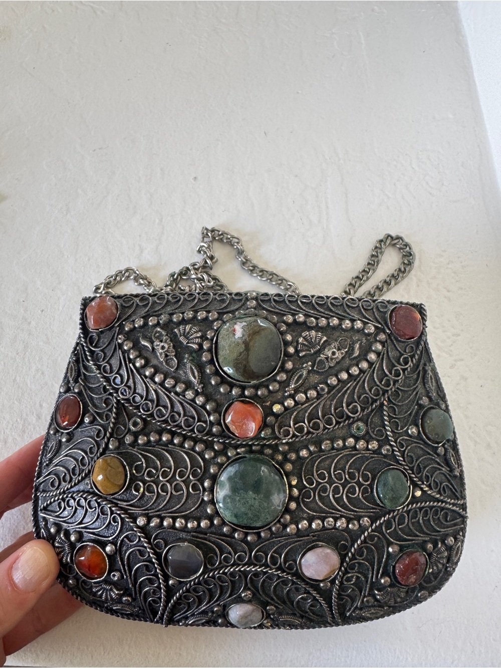 vintage Sajai metal purse adorned with natural agate stones